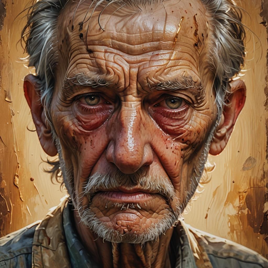 Sorrowful Elderly Man's Portrait in Hyperrealistic Style