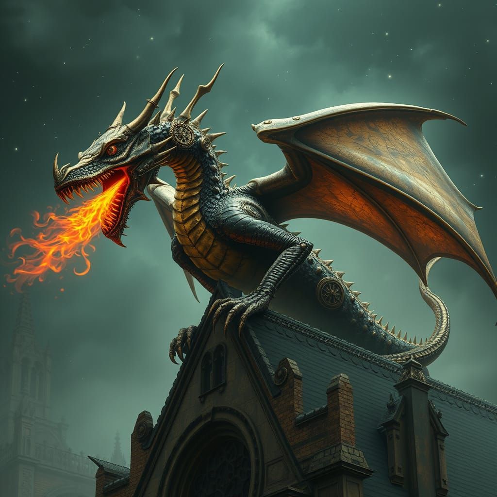 Steampunk Dragon Perched on Gothic Cathedral Roof