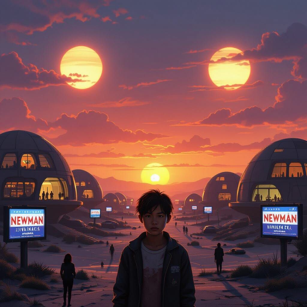 Futuristic Alien Planet Sunset with Twin Suns