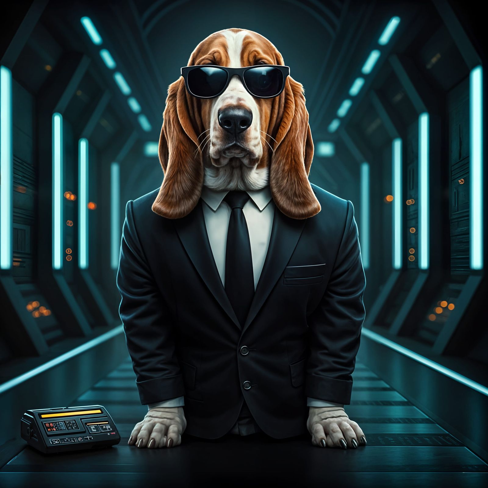 Photorealistic Basset Hound as Man in Black