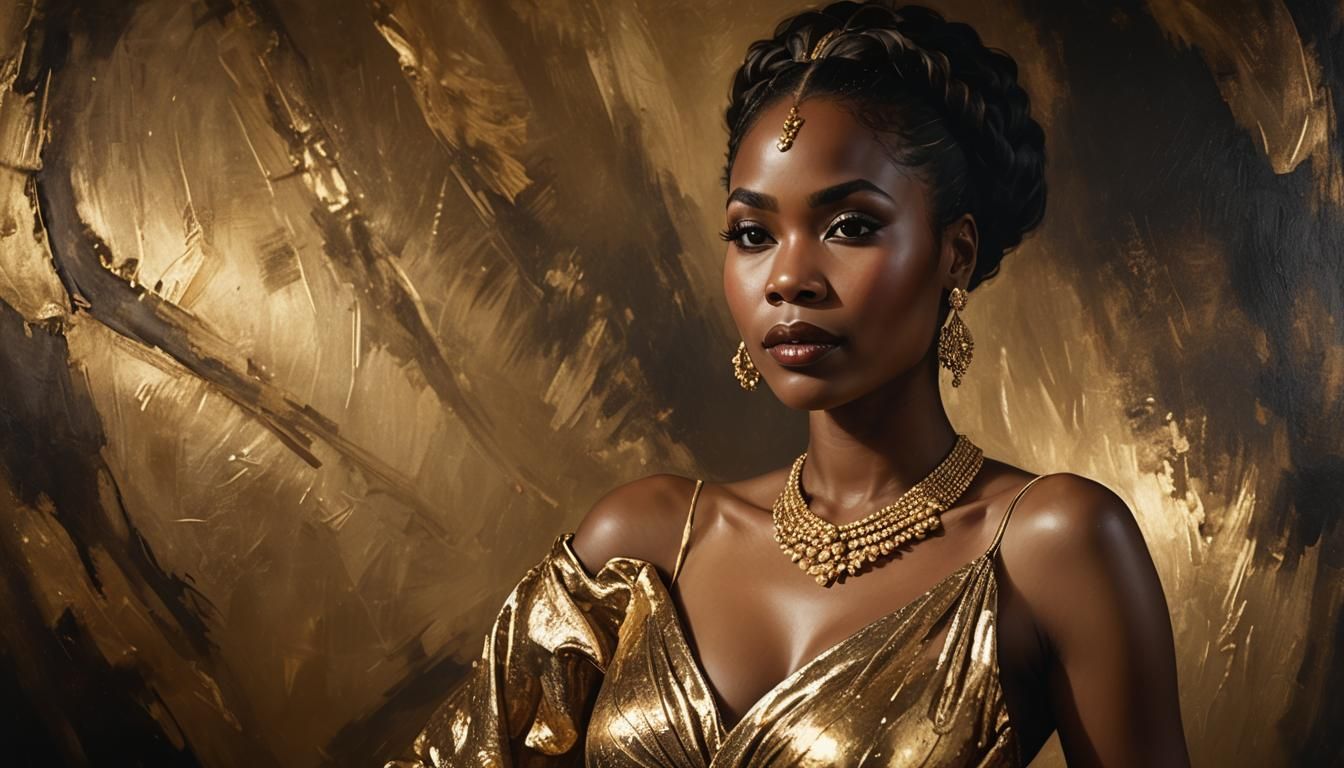 Elegant African American Woman in Gold: Oil Painting