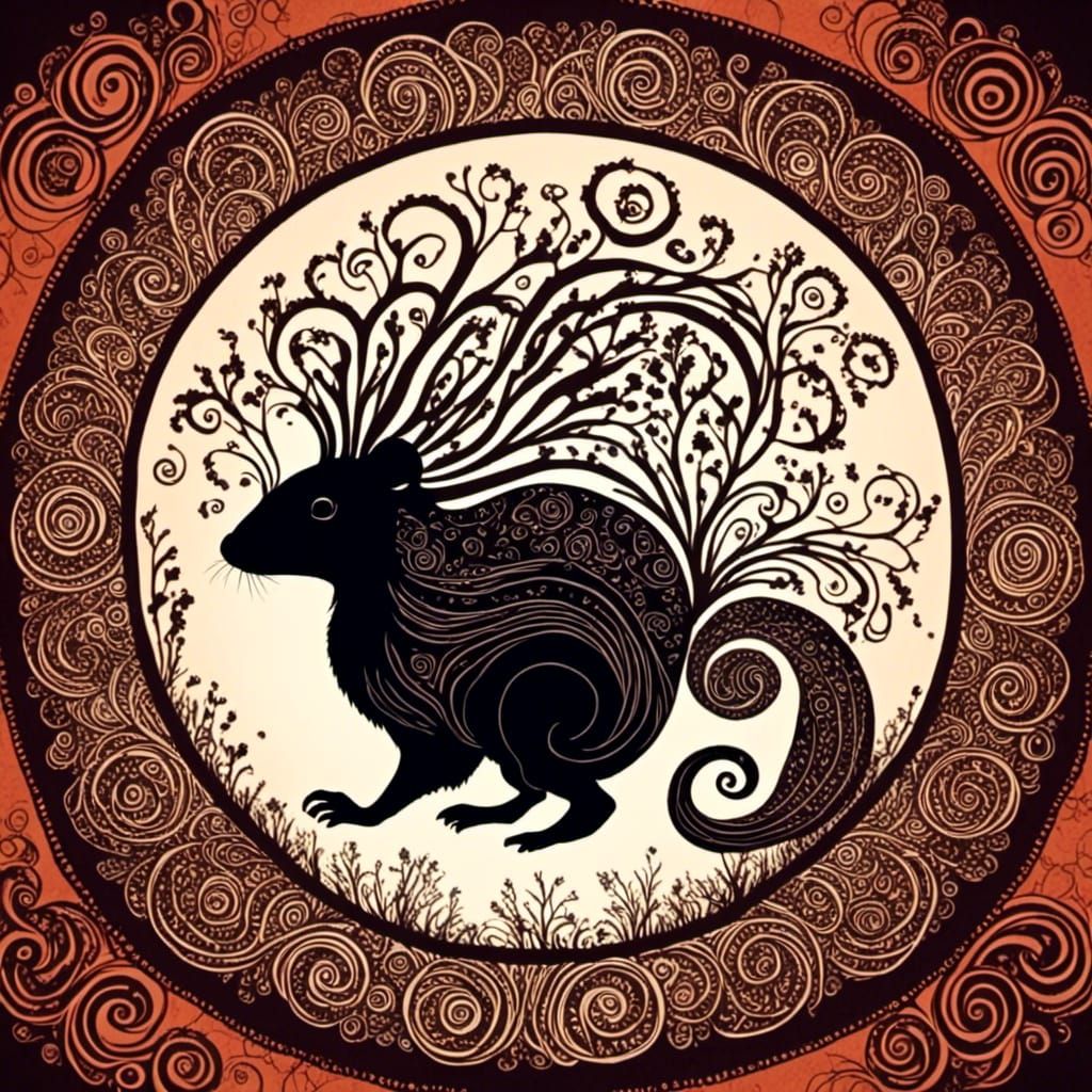 <lora:Cicada Song:1.0> skunk silhouette with auburn light ba...