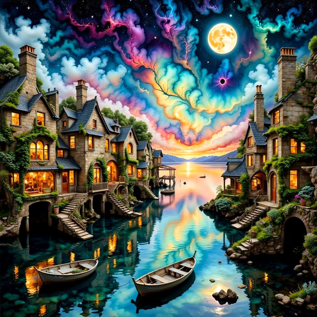 Romantic English Seaside Village Under Fiery Twilight