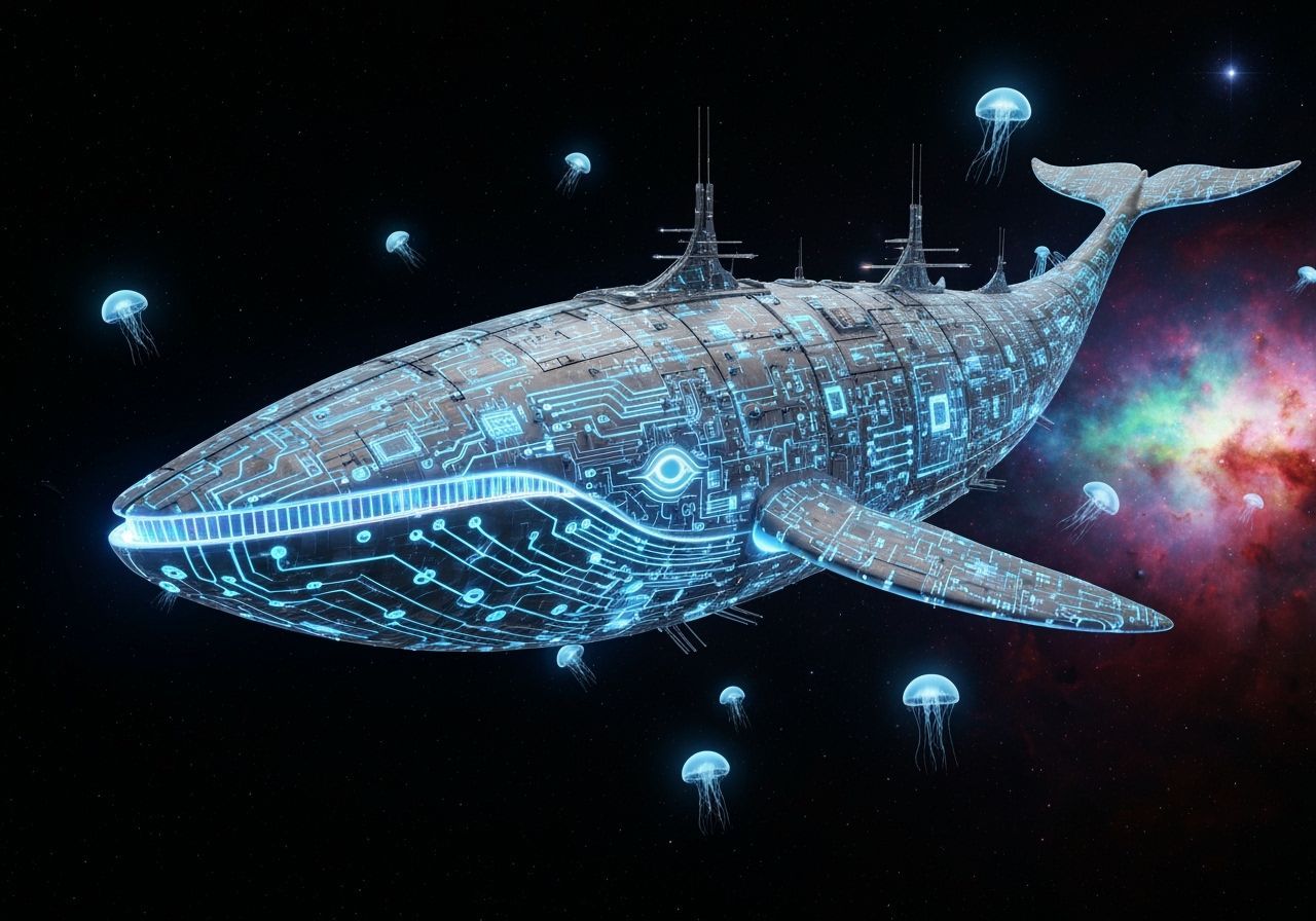 Fantastical Glowing Whale Spaceship in Steampunk Style