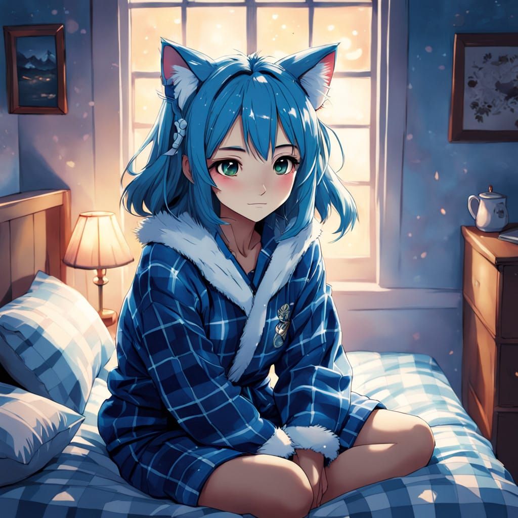 Adorable Anime-Inspired Woman Hugs Pillow in Cozy Bedroom Sc...