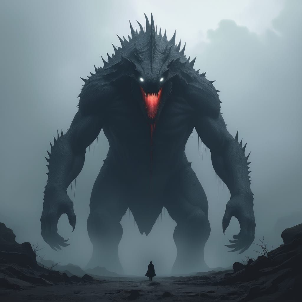 Colossal Dark Reptile Monster with Glowing Eyes