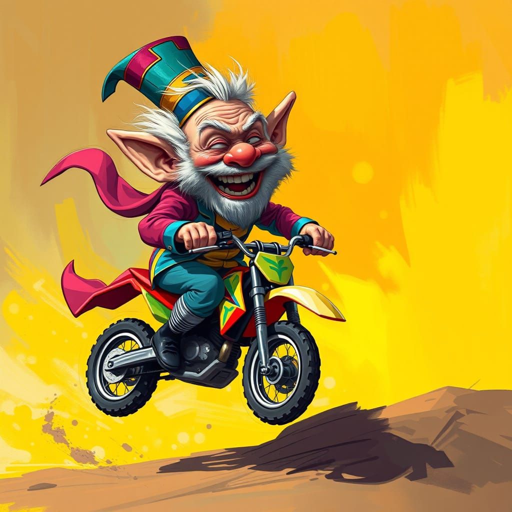 Troll Grandpa Rides a Bike in Abstract Art Style