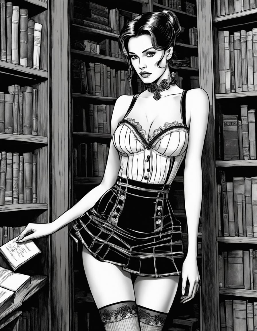 Sultry French Maid in Art Deco Line Drawing