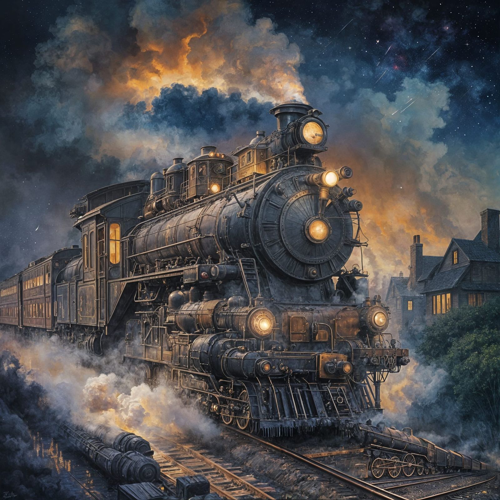 Epic Gouache Painting of a Twinkling Nighttime Locomotive Sc...