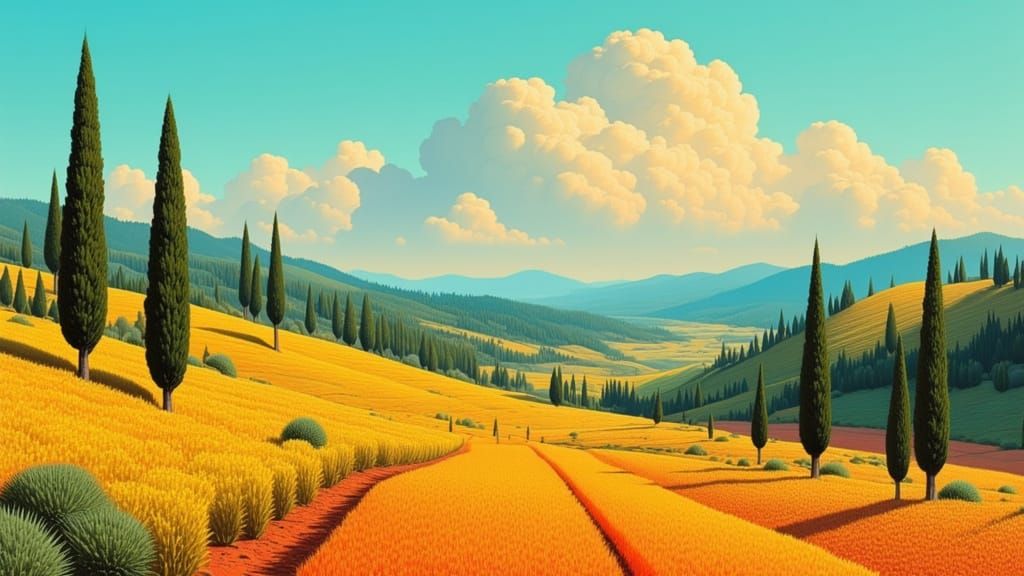 Tuscan Countryside with Aqua Sky and Gold Clouds