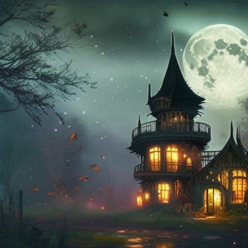 Creepy Witch House Under a Full Moon