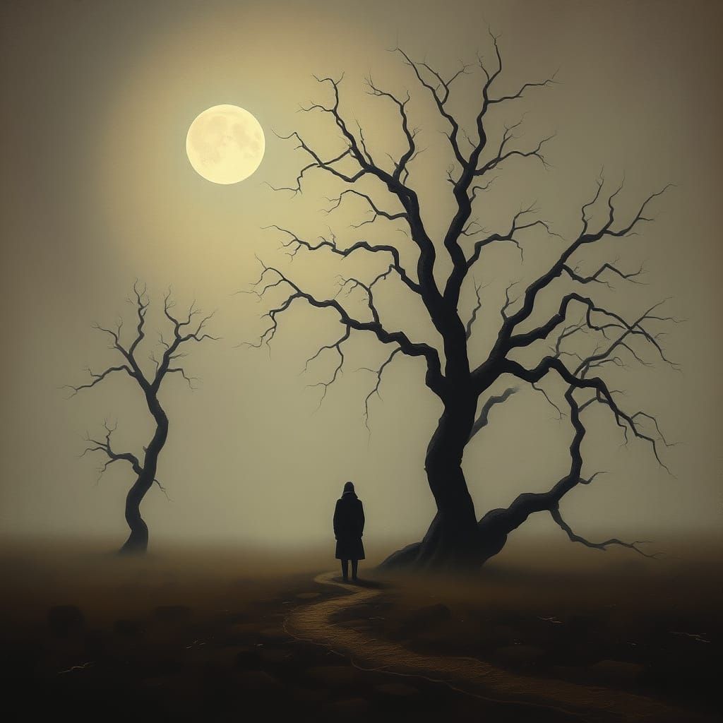 Eerie Moonlit Landscape with Lone Figure
