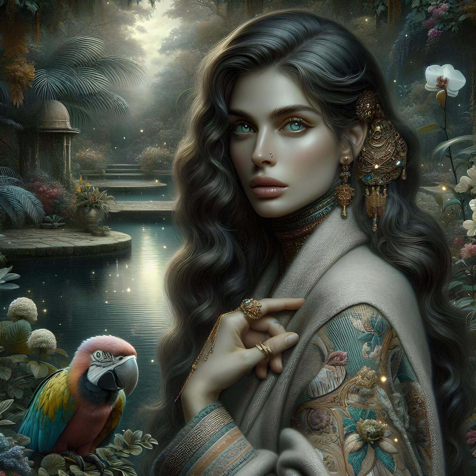 Moonlit Garden with Woman and Parrot