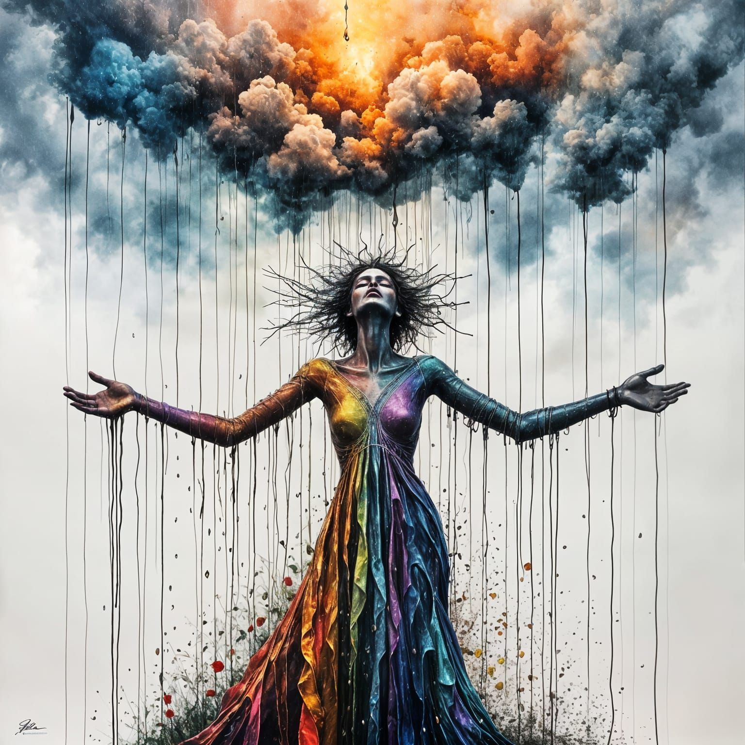 Wire Sculpture of Joyful Formless Woman Under Rainbow Rain C...