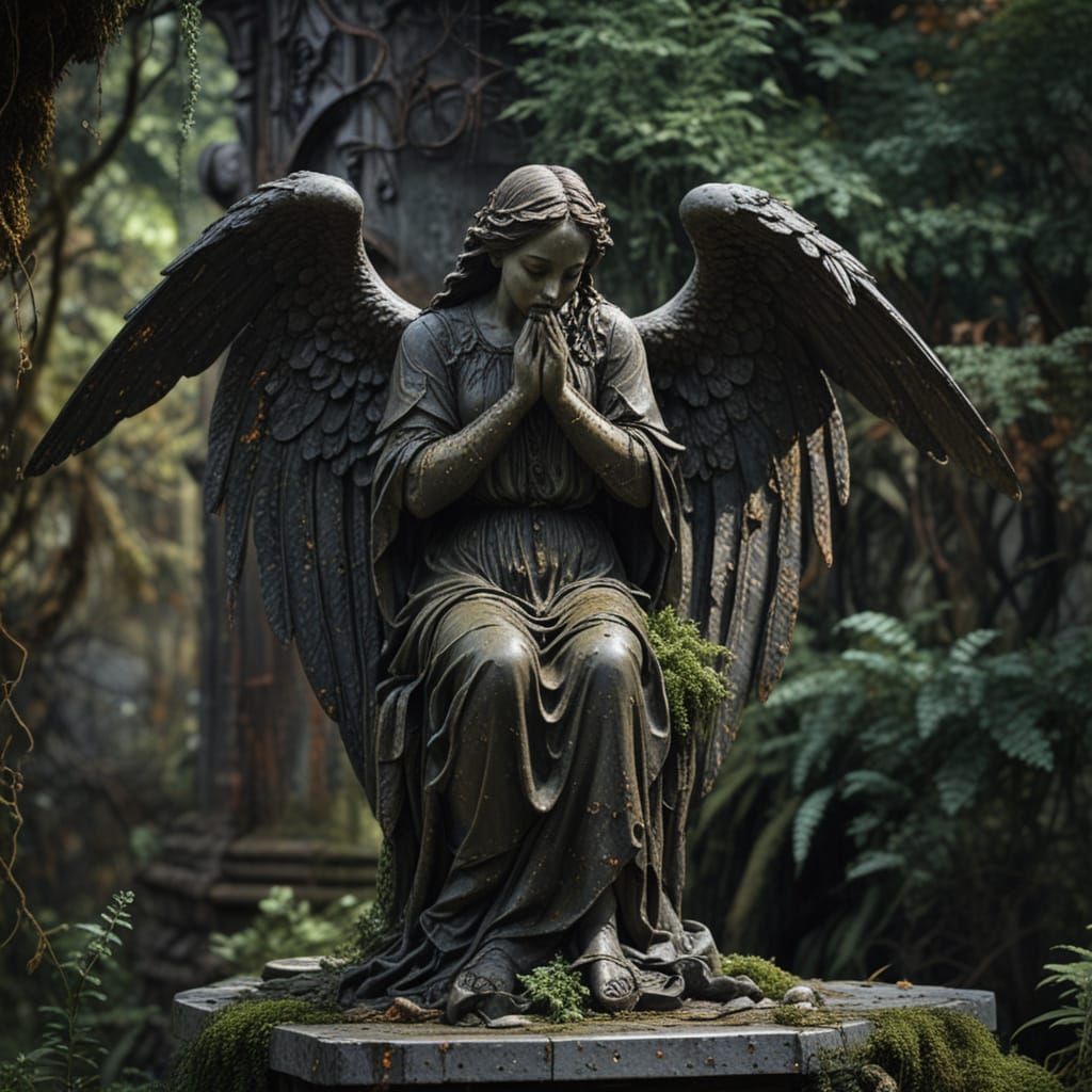 Lonely Angel Statue in Gothic Ruin, Pre-Raphaelite Style