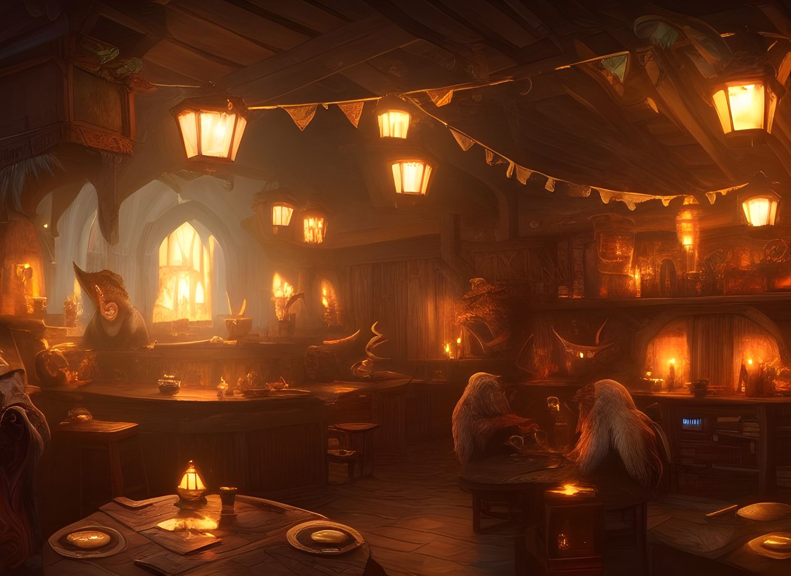 Fantasy Tavern with Creature Patrons in Matte Painting Style