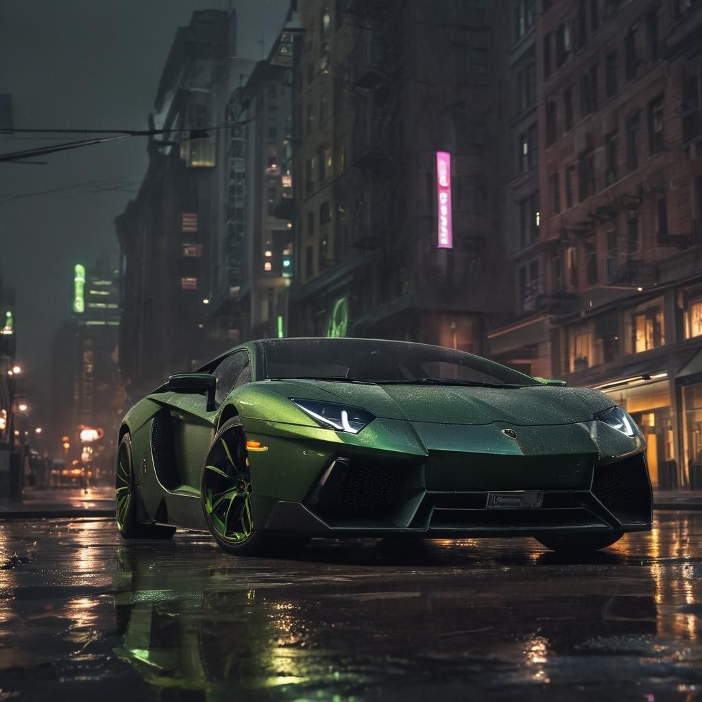 Dramatic Night Cityscape: Black and Green Lamborghini Aventa...