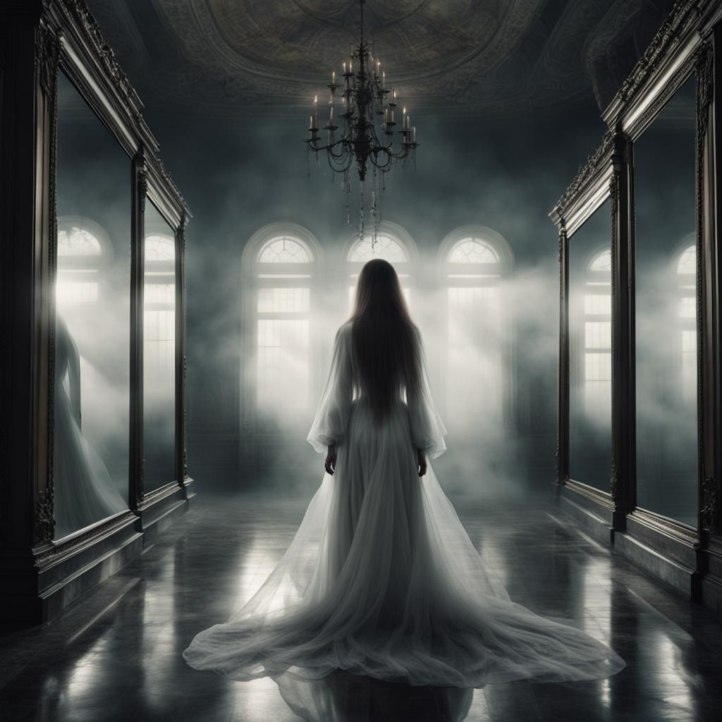 Ethereal Woman in Hall of Mirrors: Hyperrealistic Portrait