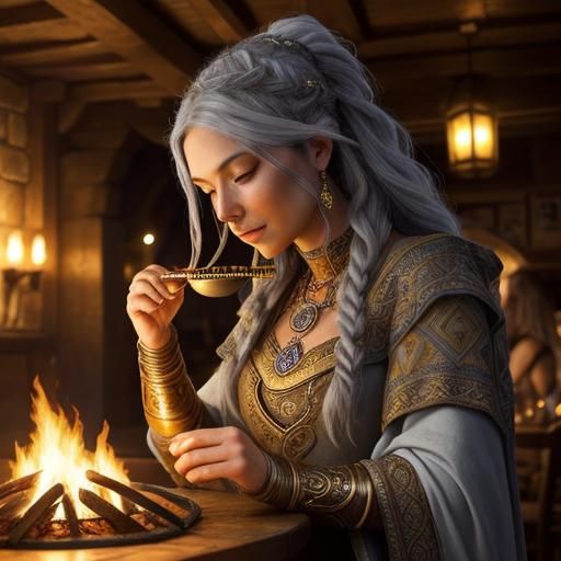 Earth Genasi Bard Playing Pan Flute in Pub