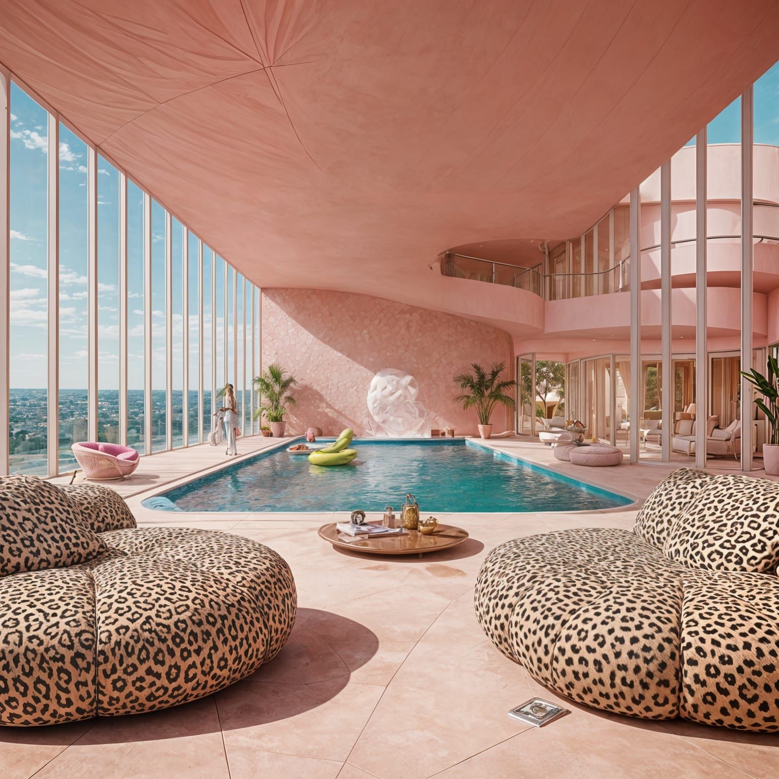 Space Age Boho Chic Luxury Living Room with Pool