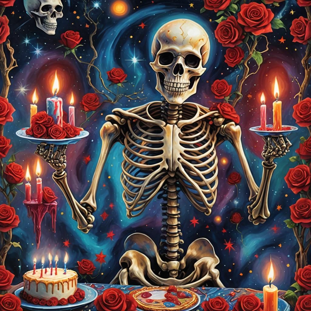 Skeleton's Cosmic Birthday: A Magic Realism Illustration