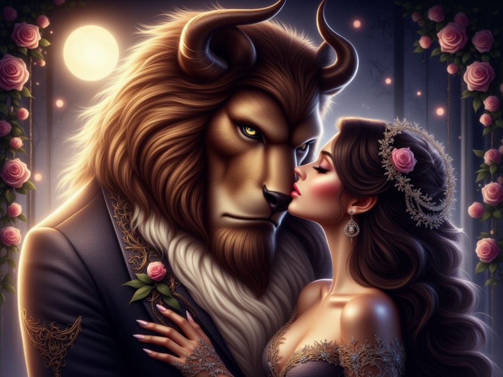 Enchanted Beauty and Beast in Whimsical Mystical Arcadia Sty...