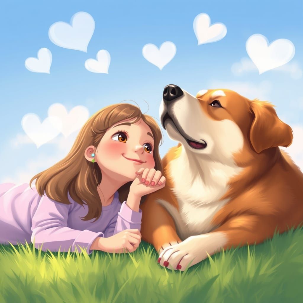 Girl and Dog Watching Clouds, Pastel Digital Art