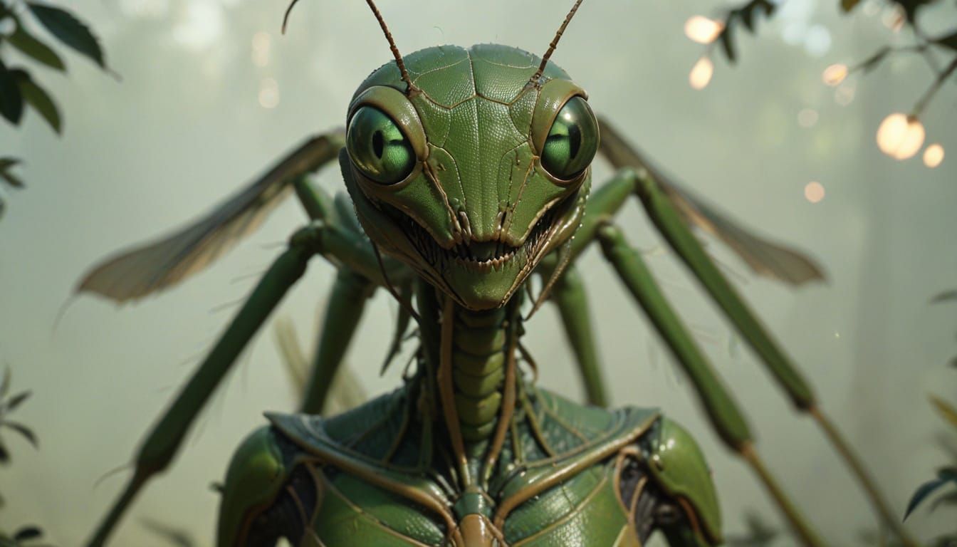 Ethereal Mantis Maiden in Golden Hour Glow