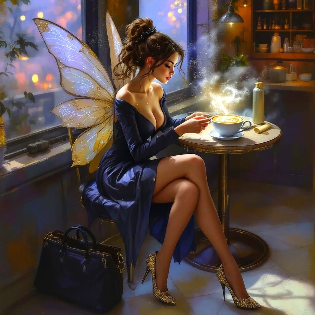 Elegant Fairy Sips Coffee in Modern Café