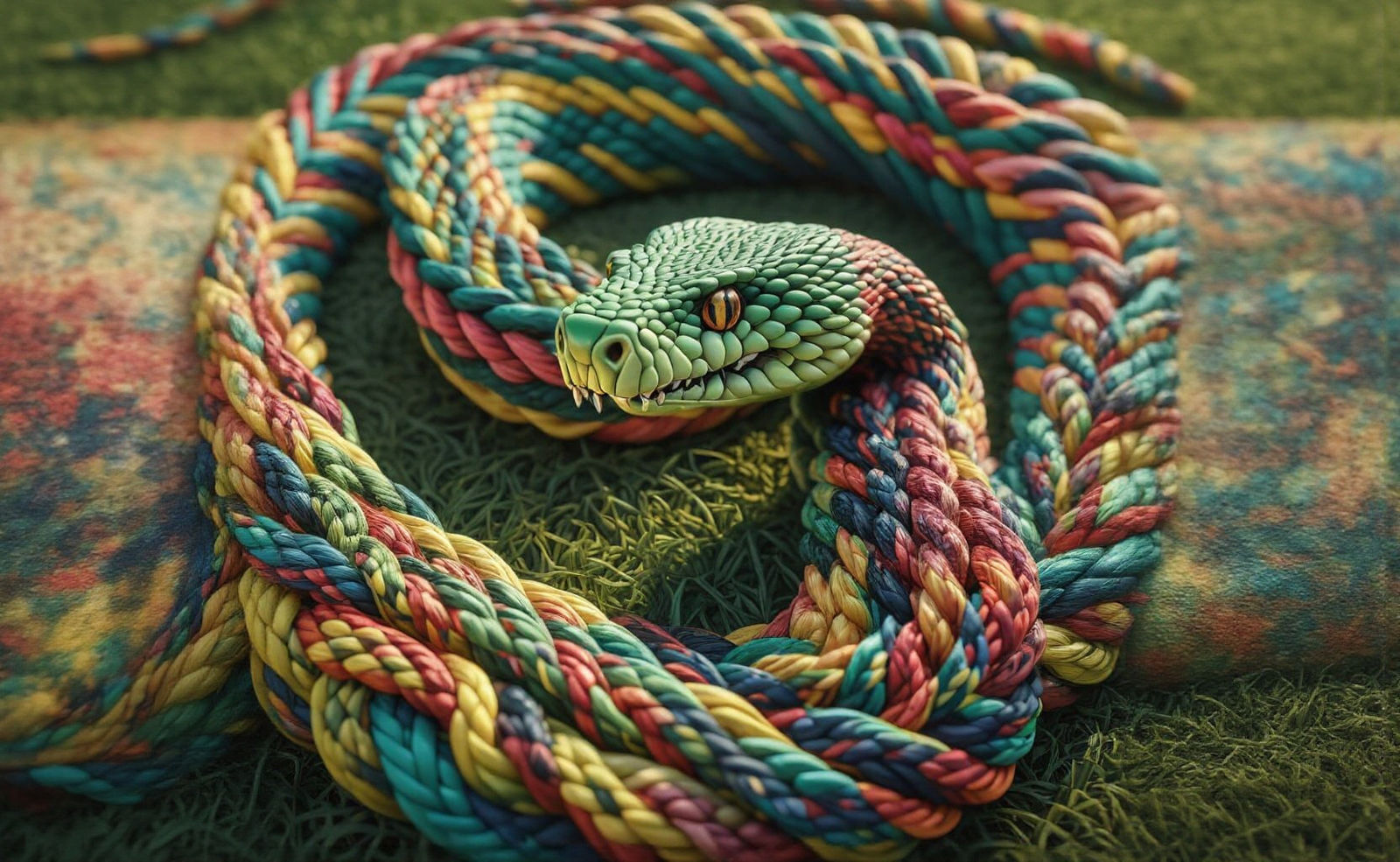 Braided Kumihimo Snake on Grassy Field