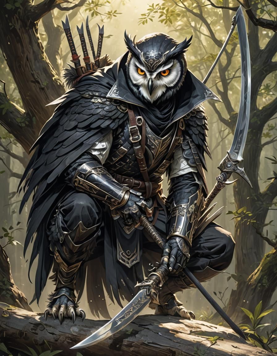 Stylized Owl Ninja in Action Pose, Fantasy Art