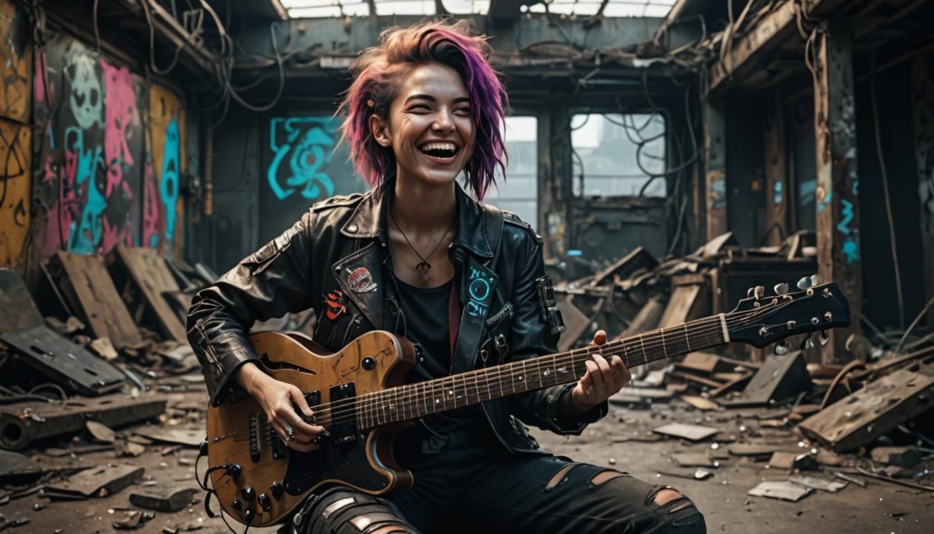 Cyberpunk Woman Smiles Playing Guitar
