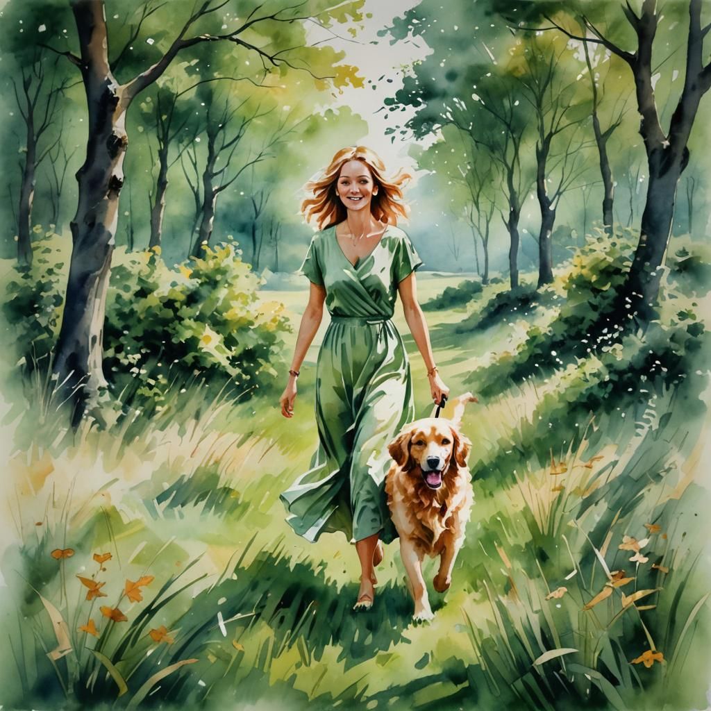 Woman and Dog in Summer Field, Watercolour Style