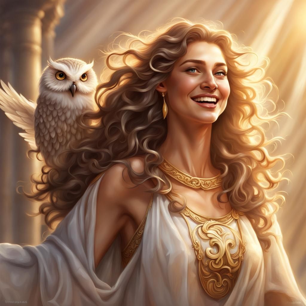 Joyful Greek Goddess with Owl in Storybook Style