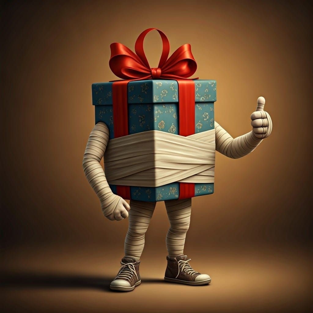 Realistic Gift Wrapping Giving a Cheerful Thumbs Up