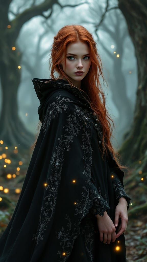 Ethereal Red Haired Witch in Mystical Forest