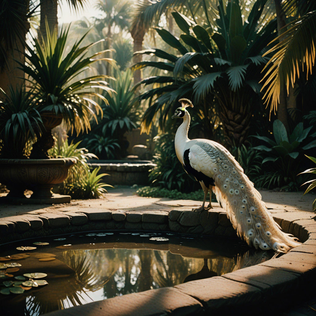 Ethereal White Peacock in Vibrant Oasis