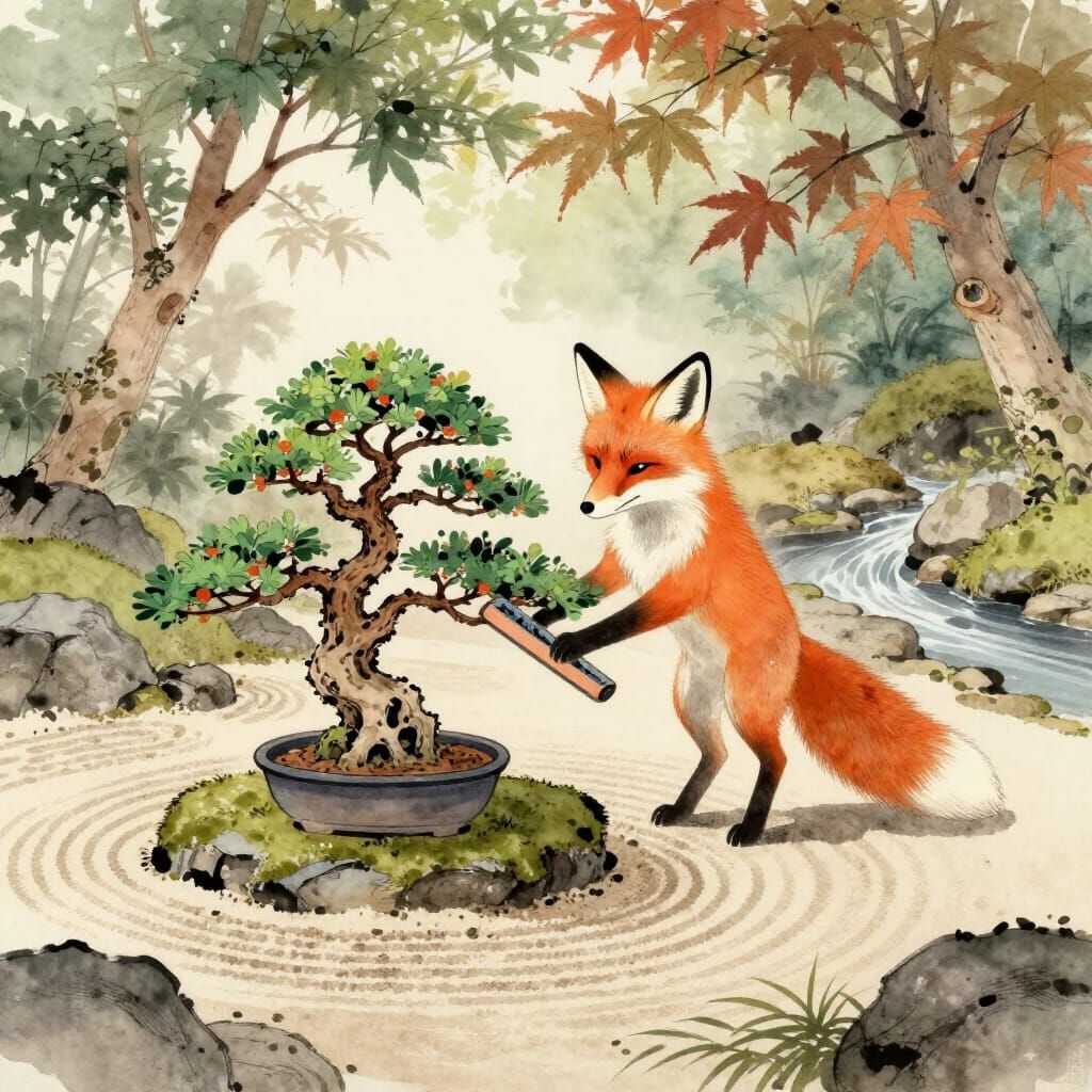 Fox Tends Bonsai Garden in Japanese Watercolor Style