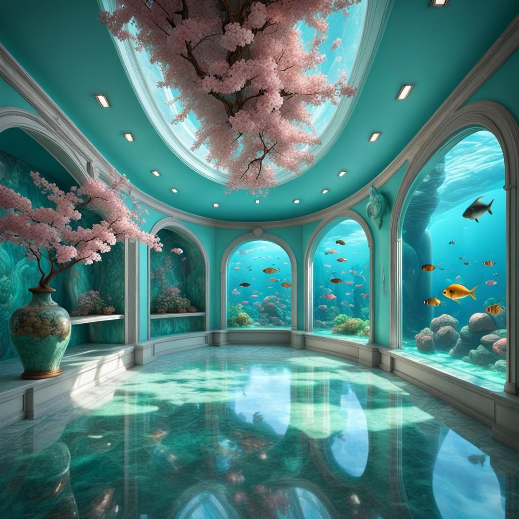 Hyperdetailed Futuristic Lounge with Aquarium in 8k