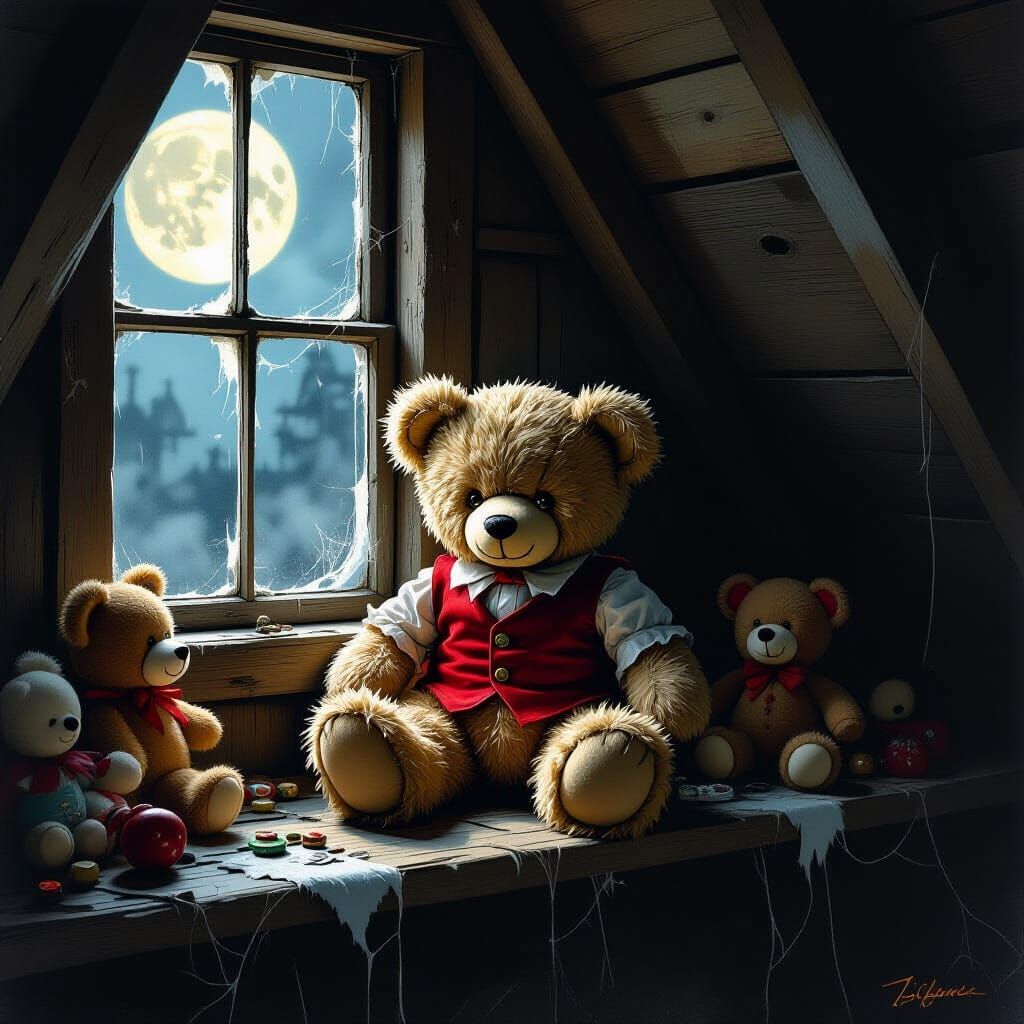 Creepy Teddy Bear in Dusty Attic by Moonlight