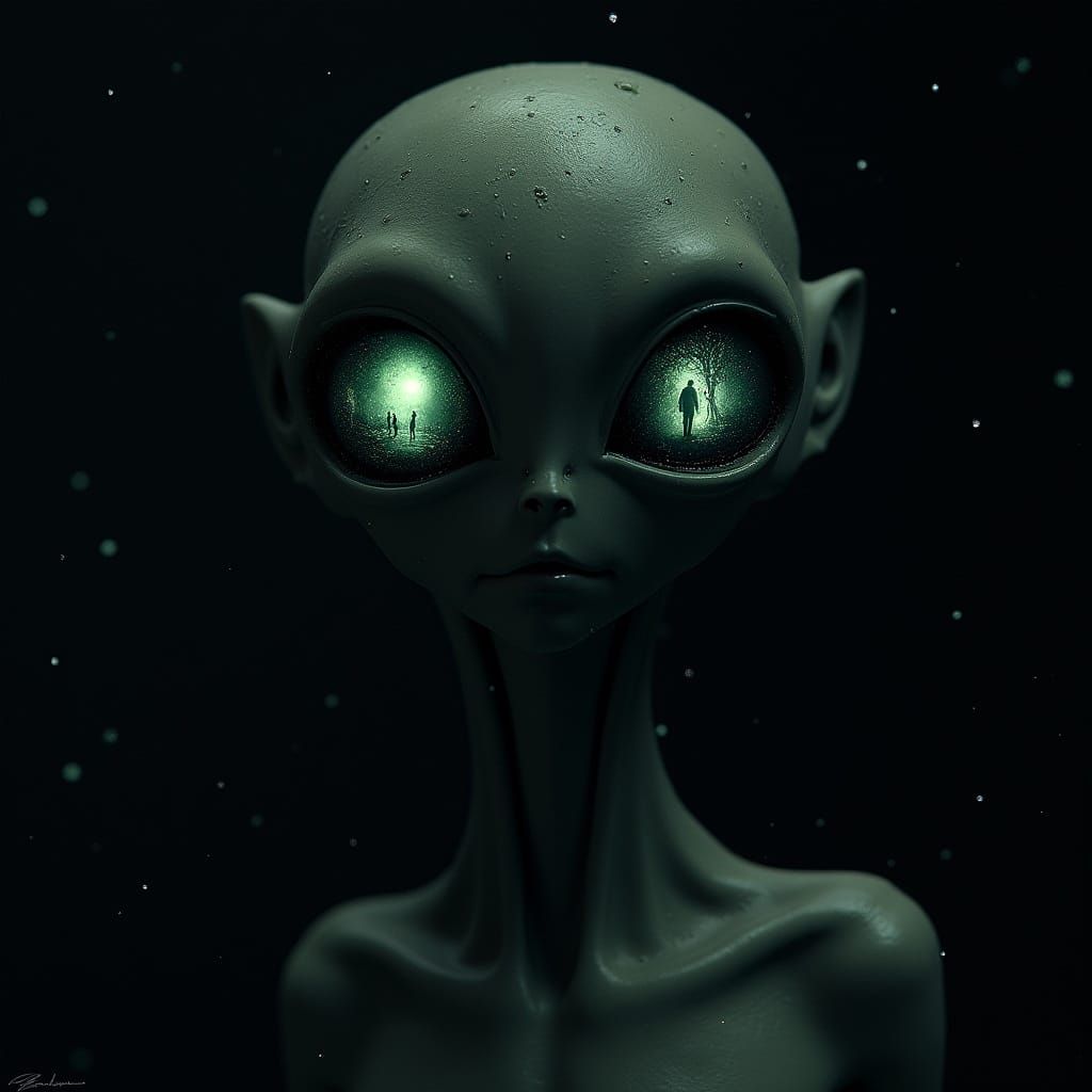 Glowing Alien with Human Silhouettes in the Stars