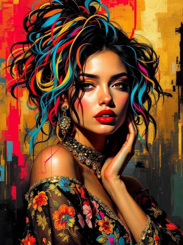 Ethereal Woman in Vibrant Embroidered Robes, Glowing with Di...