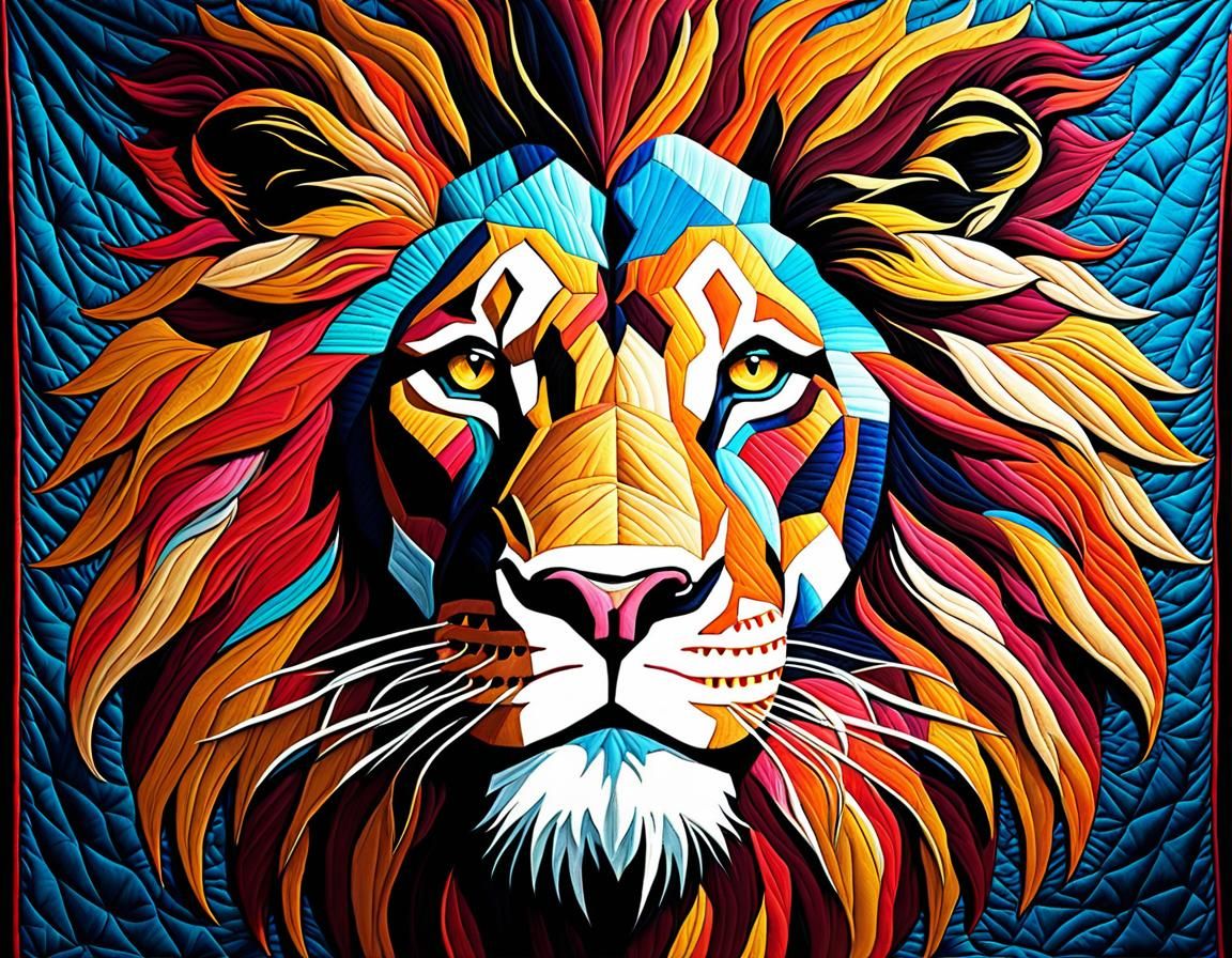 Embroidered Lion Quilt in Graffiti Art Style