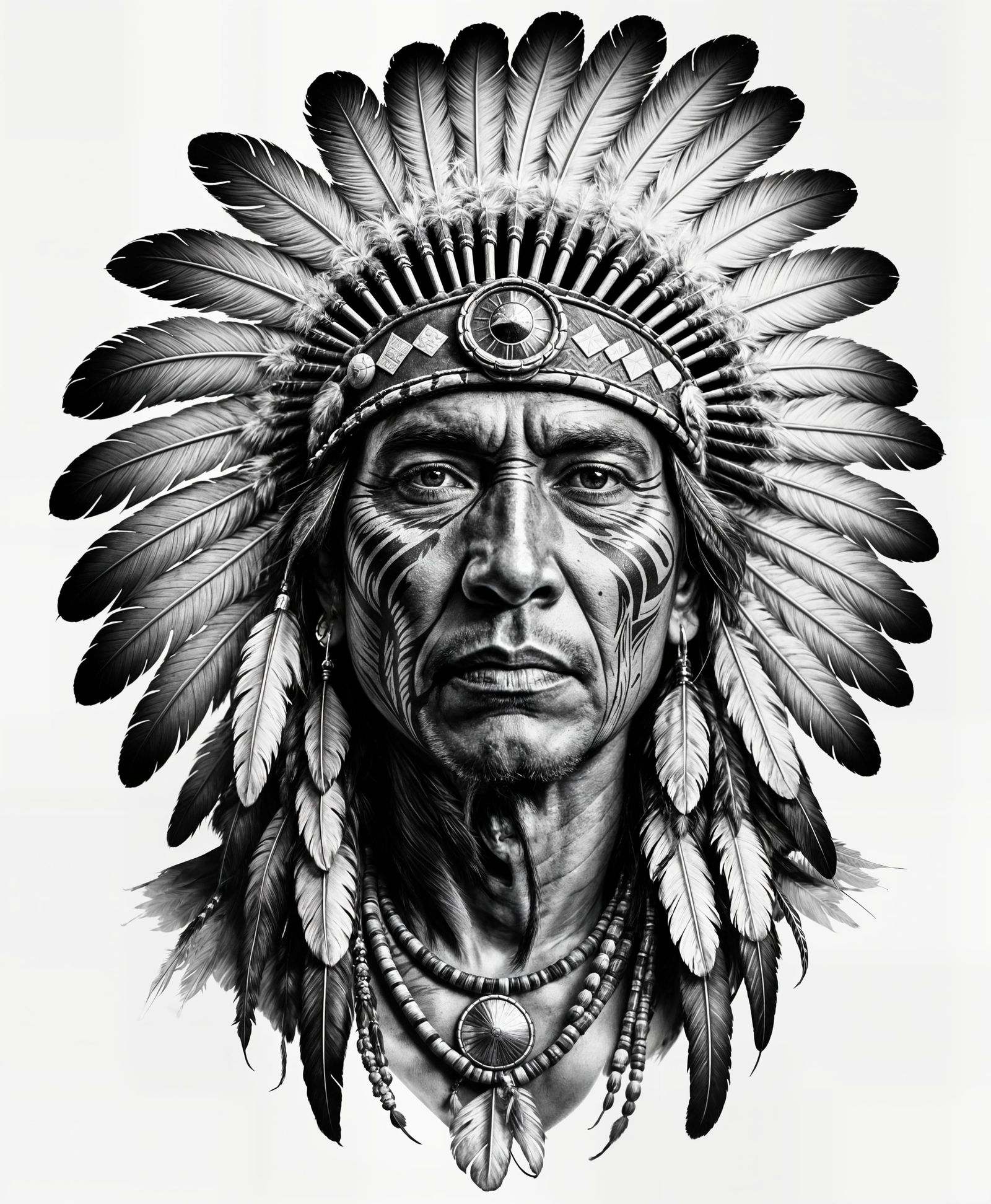 Realistic Native American Tattoo Art with Feather Headdress