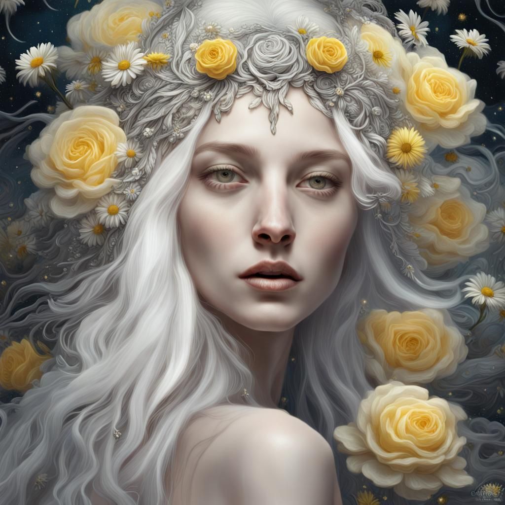 Ethereal Woman with Flowers in Digital Art Style