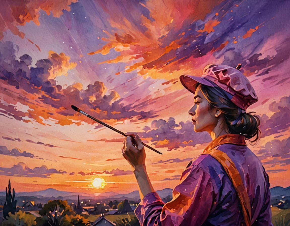 Woman Painting Sunset in Digital Impressionism