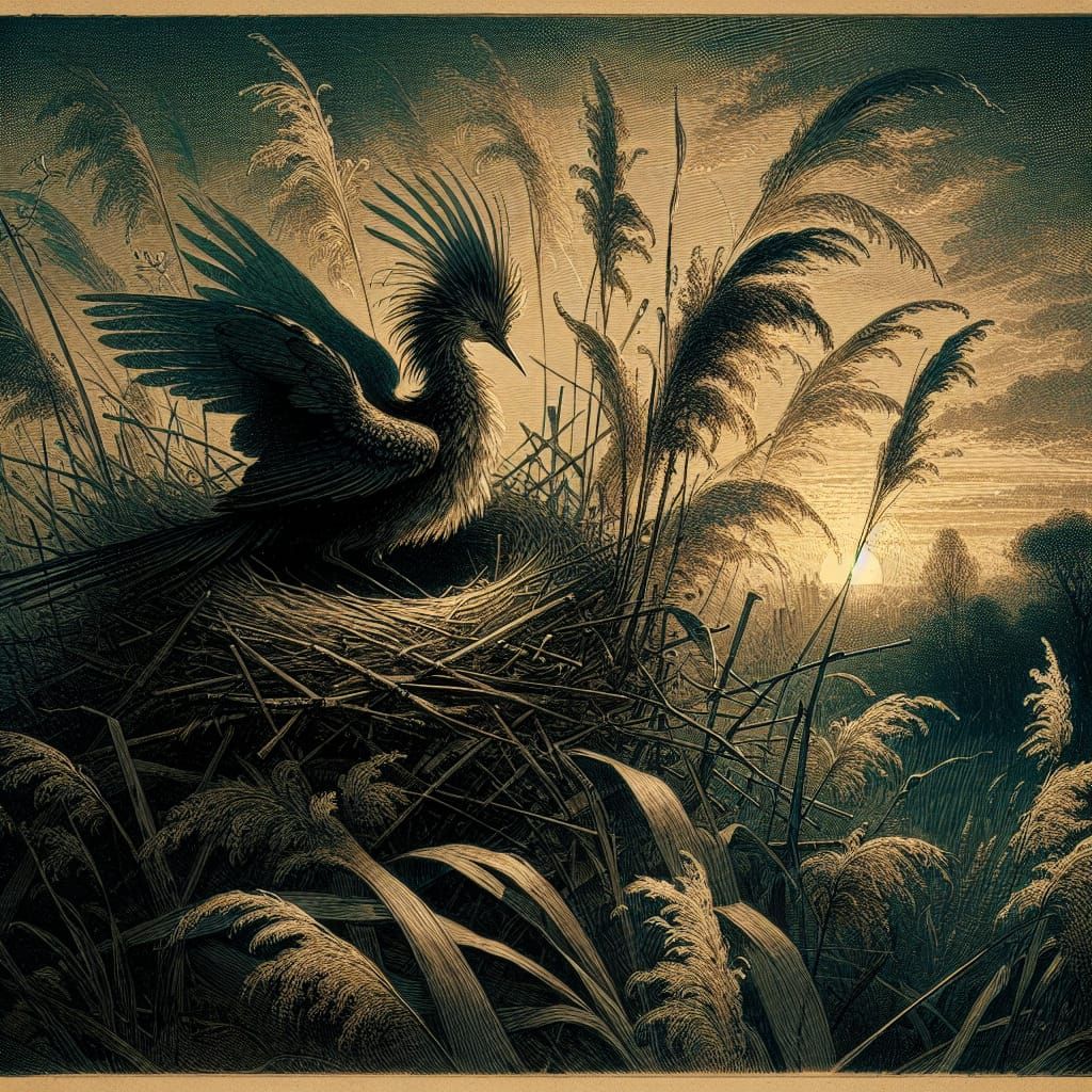 Bird in Reeds at Sunset: Romantic Illustration