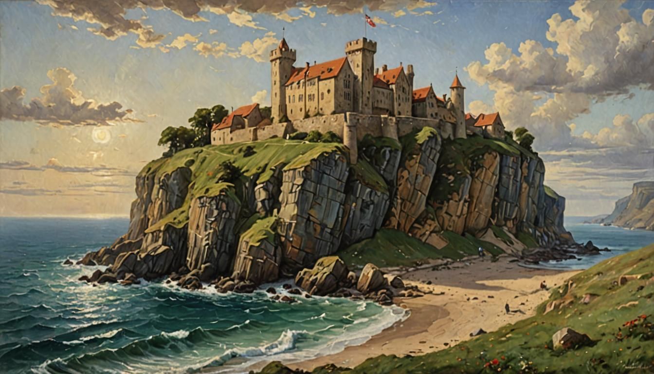 Medieval Castle on Cliff: Oil Painting