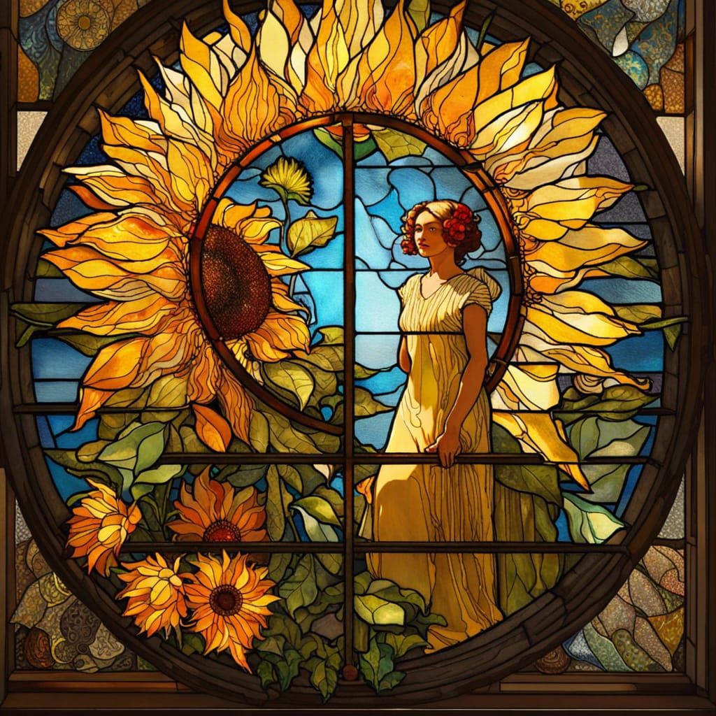 Ornate Stained Glass Sunflower in Art Nouveau Style
