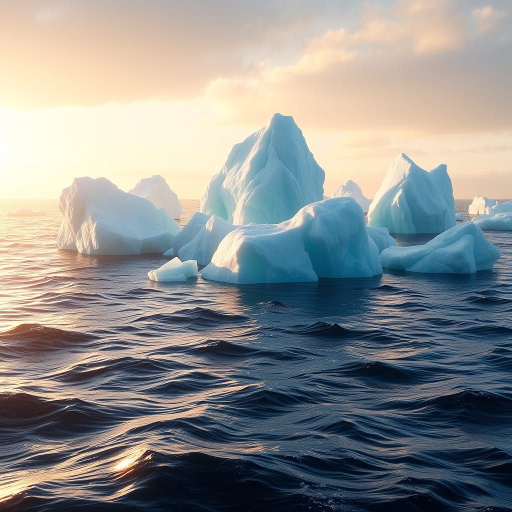 Glistening Icebergs in Ethereal Oceanic Scene